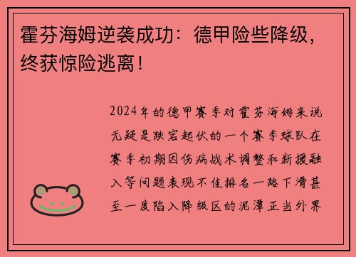霍芬海姆逆袭成功：德甲险些降级，终获惊险逃离！